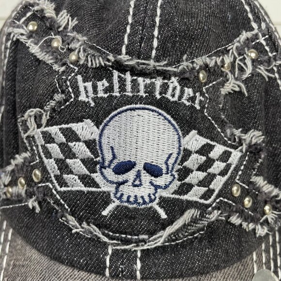 Aslan Black Distressed Embroidered “Hellrider” Scull Adjustable Baseball Hat - Picture 2 of 10